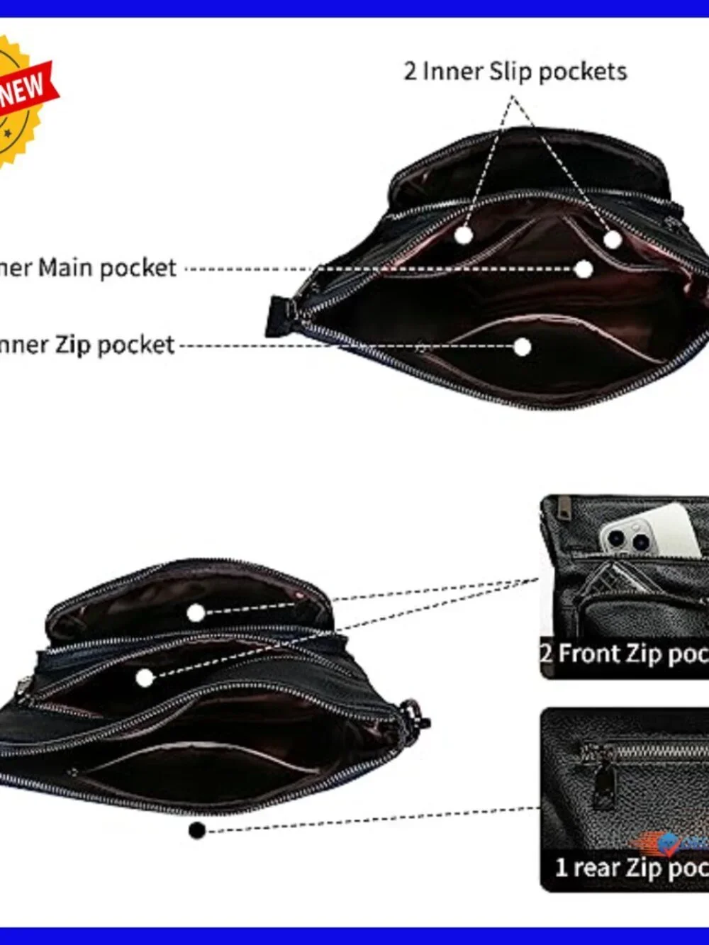 Genuine Leather Crossbody Bag with Multiple Pockets Adjustable Strap